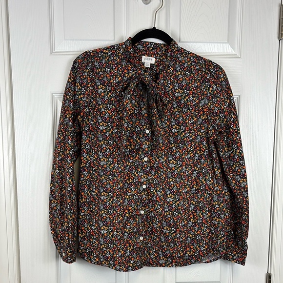 J. Crew navy floral bow tie-neck top sz xs - Picture 2 of 8